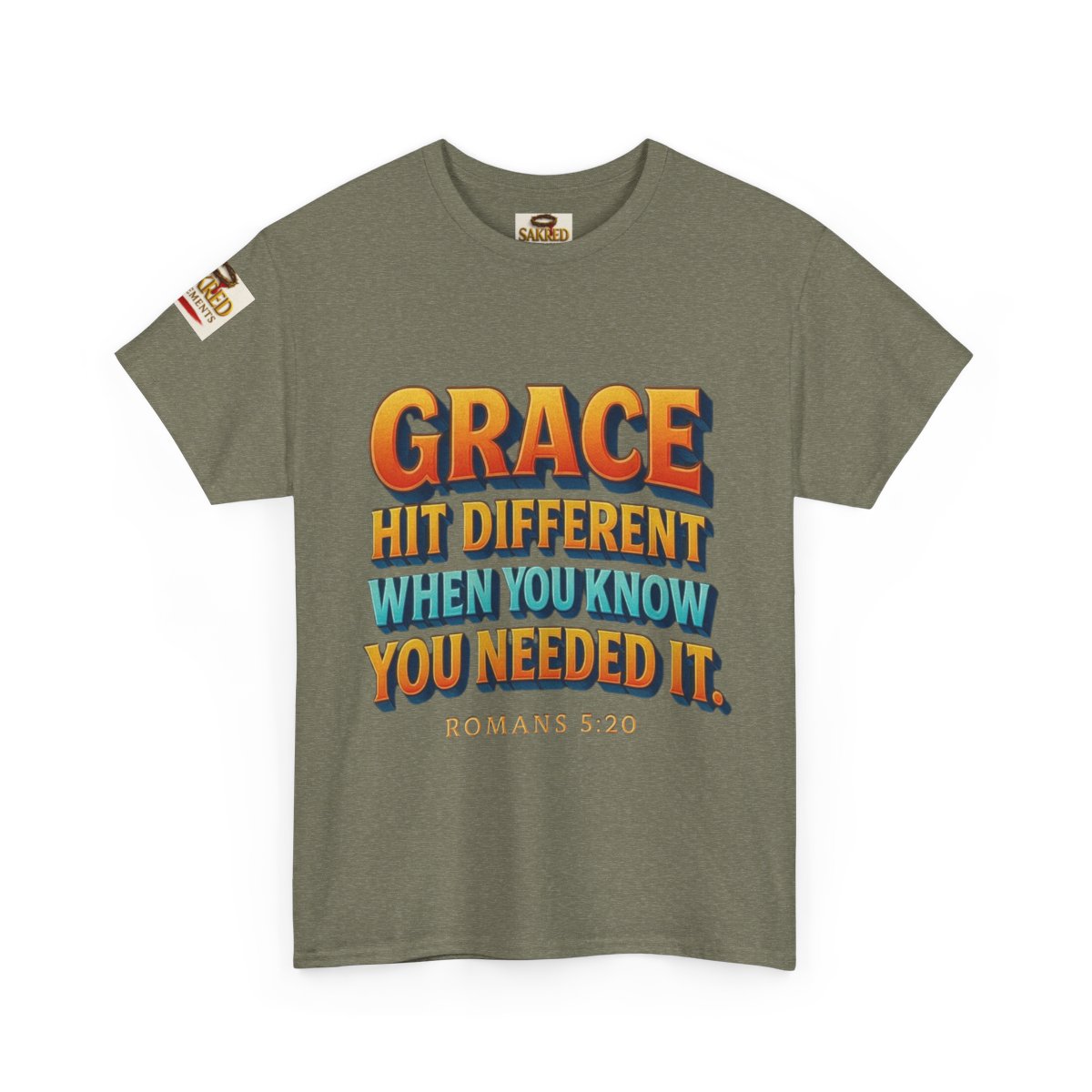 “Covered in Strength” Unisex Tee – Grace Hit Different (Romans 5:20)