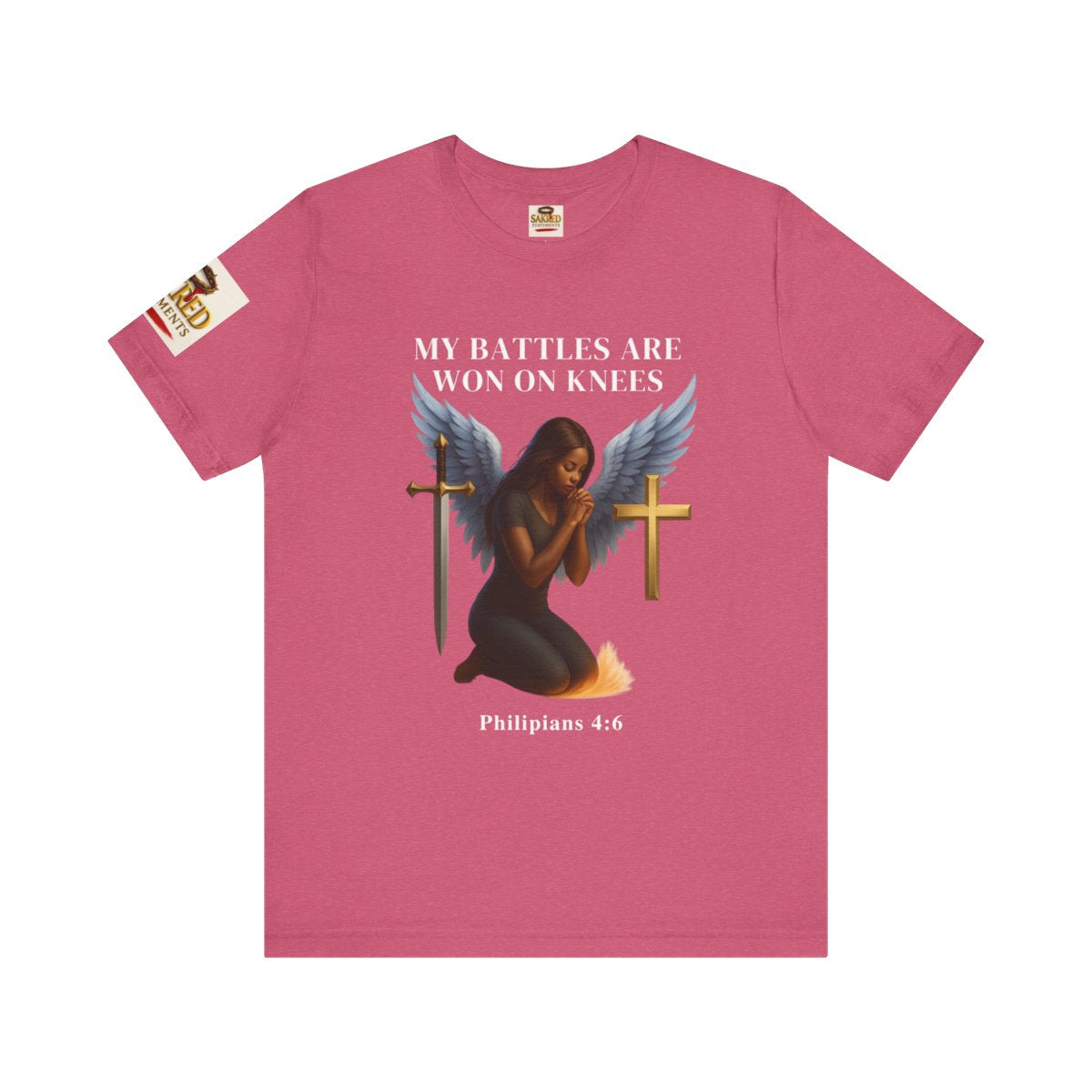 “Battles Are Won on Knees” – Women Tee Heavy Cotton (Philippians 4:6)