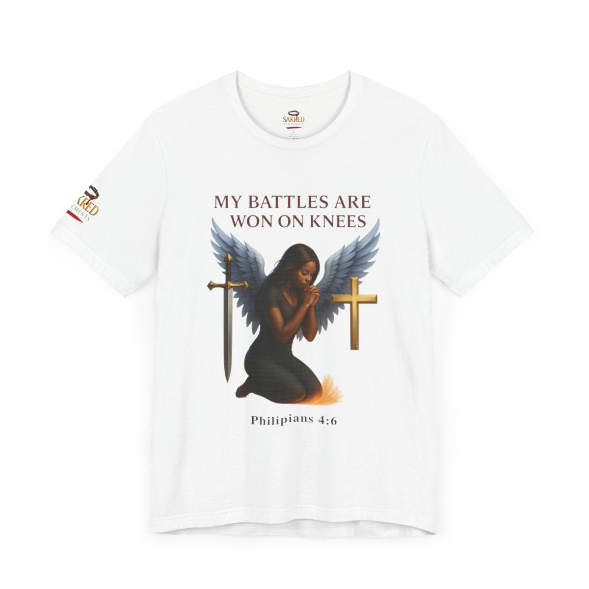 “Battles Are Won on Knees” – Women Tee Heavy Cotton (Philippians 4:6)